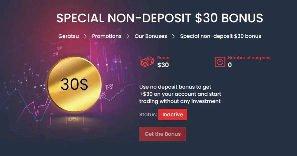 Geratsu is offering a special no deposit bonus of $30.